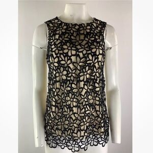 Lola Rose Sz XS Lace Front Sleeveless Blouse Black Tan Cotton Silk Top